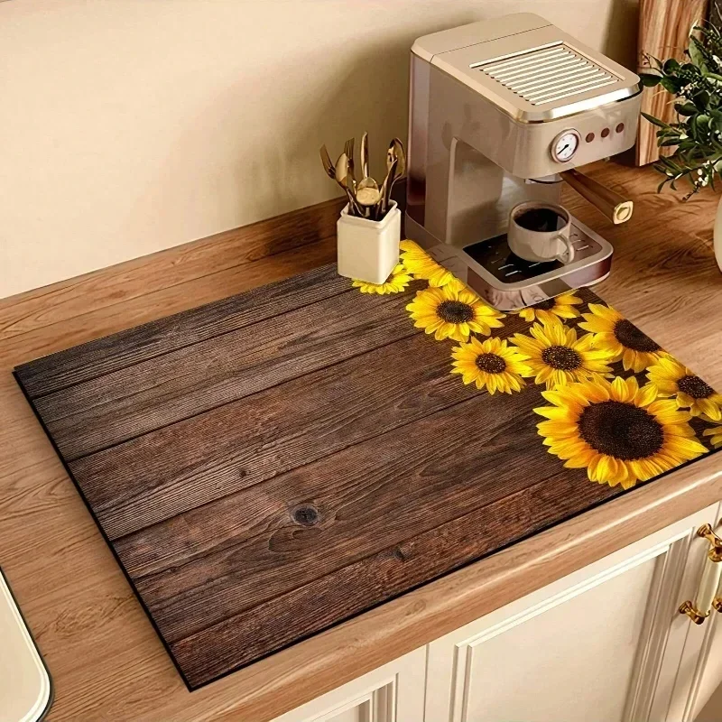 1 قطعة عباد الشمس المطبوعة كوستر حصيرة الصرف ماكينة القهوة عدم الانزلاق سوبر مقاومة للاهتراء تجفيف الأطباق للديكور كونترتوب
