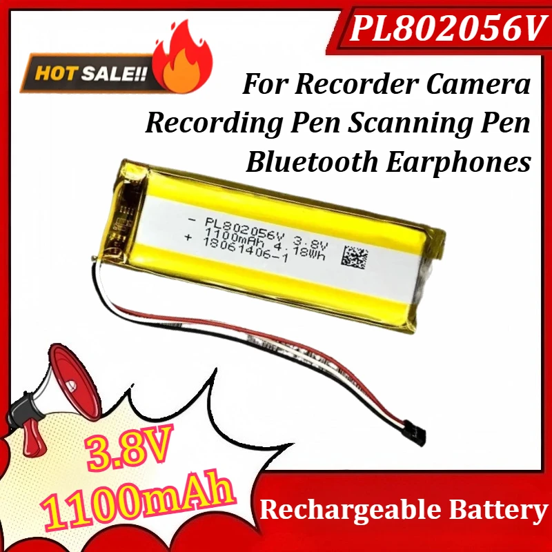 PL802056V 3.8V 1100mAh Rechargeable Battery for Recorder Camera Recording Pen Scanning Pen Bluetooth Earphones Battery
