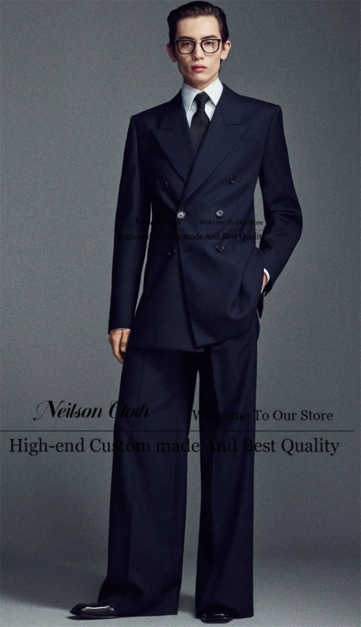 Black Double Breasted Male Prom Blazers Loose Peaked Lapel Groom Wedding Tuxedos 2 Pieces Sets Jacket +Pants Terno Masculino