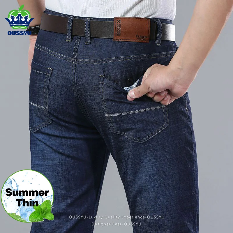 Brand Clothing Summer Thin Light Blue Men's Jeans Straight Elastic Cotton Denim Pants Casual Business Trousers Man Plus Size 40