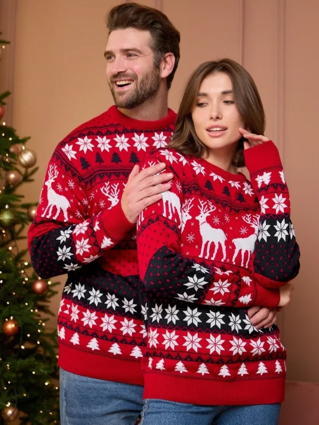 2024 New Year's Clothes Casual Loose Women Men Couples Matching Sweaters Christmas Family Jumpers Warm Thick Knitwear Xmas Look