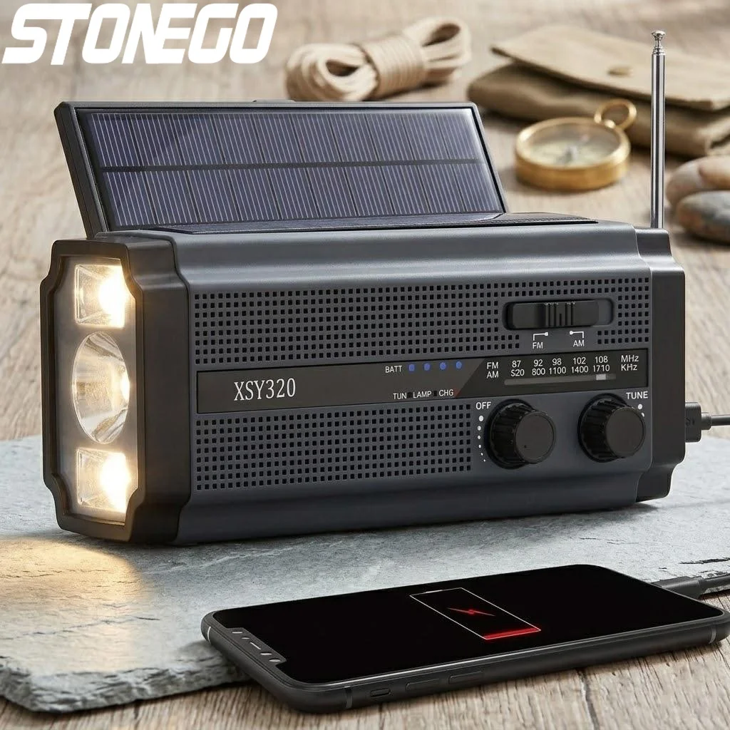 

Солнечное аварийное радио AM/FM с динамо-фонариком 5000 мАч, светодиодной лампой для чтения и сигнализацией SOS для кемпинга, походов и активного отдыха на природе