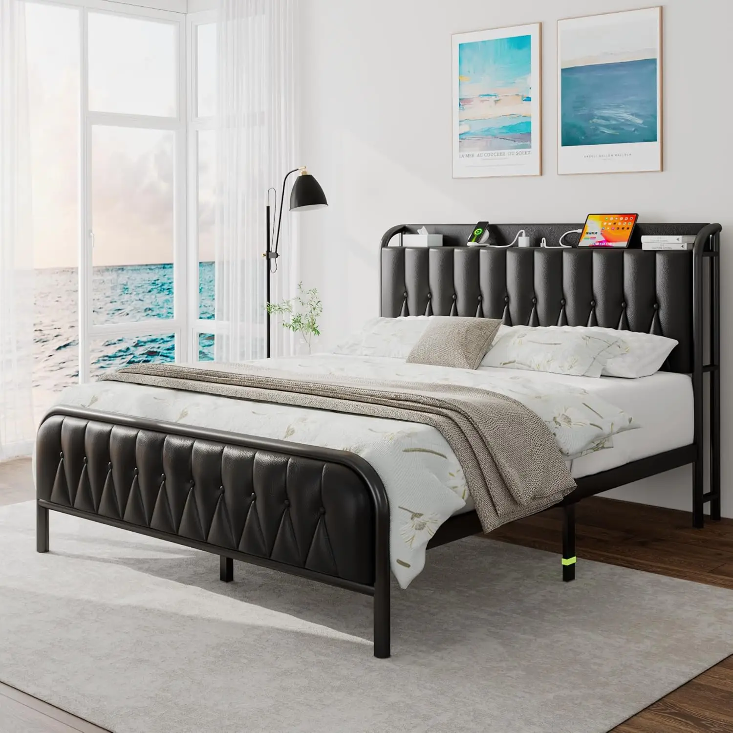 

Faux Leather Headboard and Footboard, Heavy Duty Steel Support, 12" Under Bed Storage, No Box Spring Needed