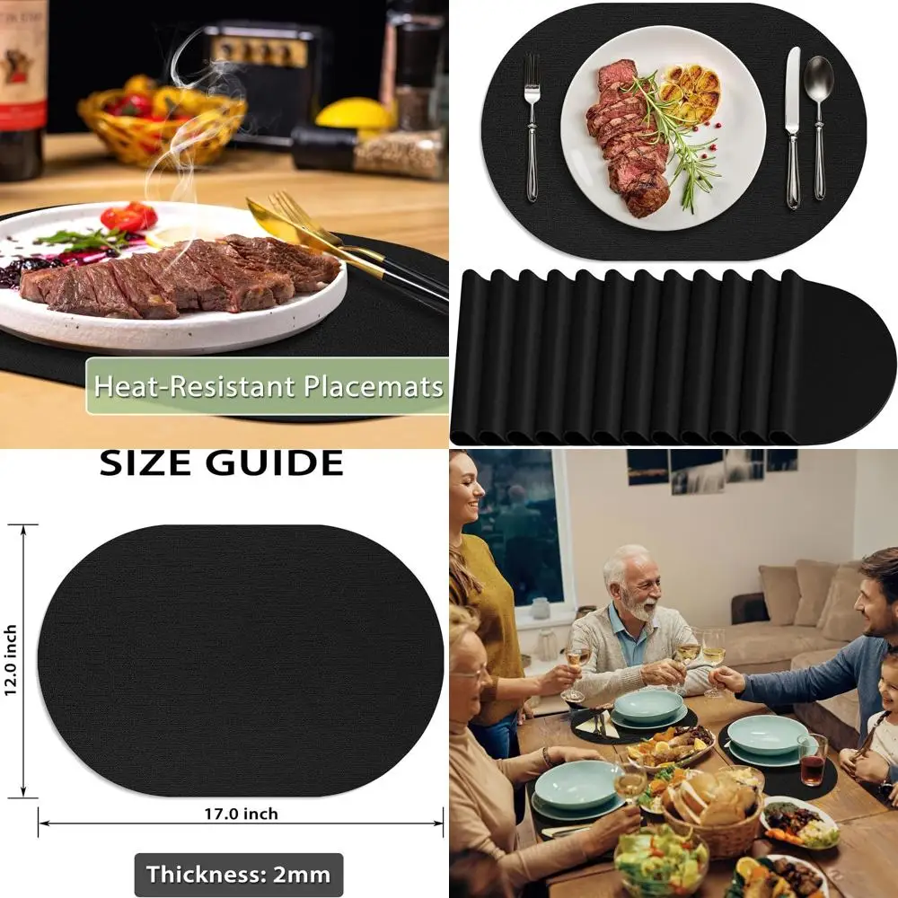 

12-Pack Washable, Heat-Resistant Oval Faux Leather Placemats - Non-Slip, Waterproof for Indoor and Outdoor Use, Black