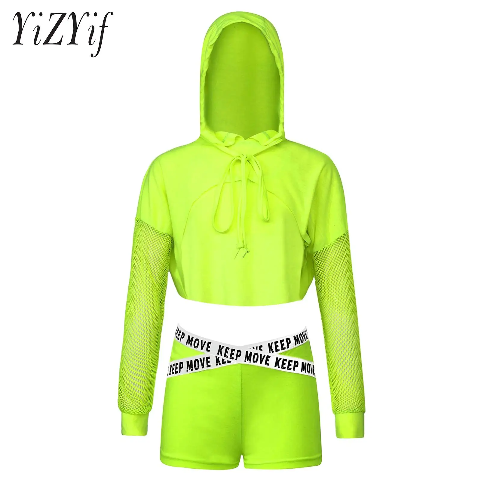 Kids Girls Mesh Long Sleeve Street Dance Costume Hooded Drawstring Crop Top with V-front Shorts for Dance Performance Workout