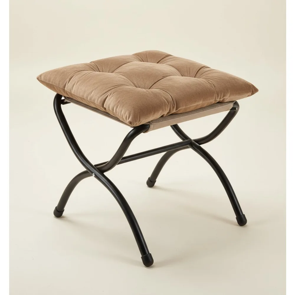

15" Foldable Foot Stool Ottoman - Washable Khaki Upholstered Indoor/Outdoor Footrest for Living Room, Bedroom