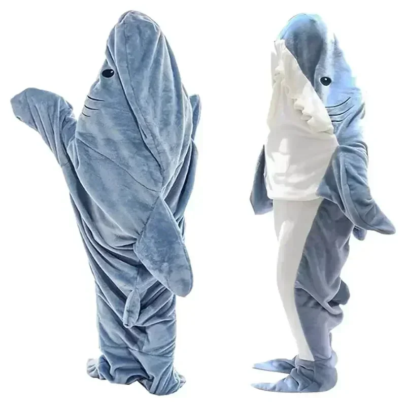 Cartoon Shark Blanket Hoodie Women Kigurumi Playsuit Kids Parents Hooded Warm Flannel Funny Homewear Shark Sleeping Bag