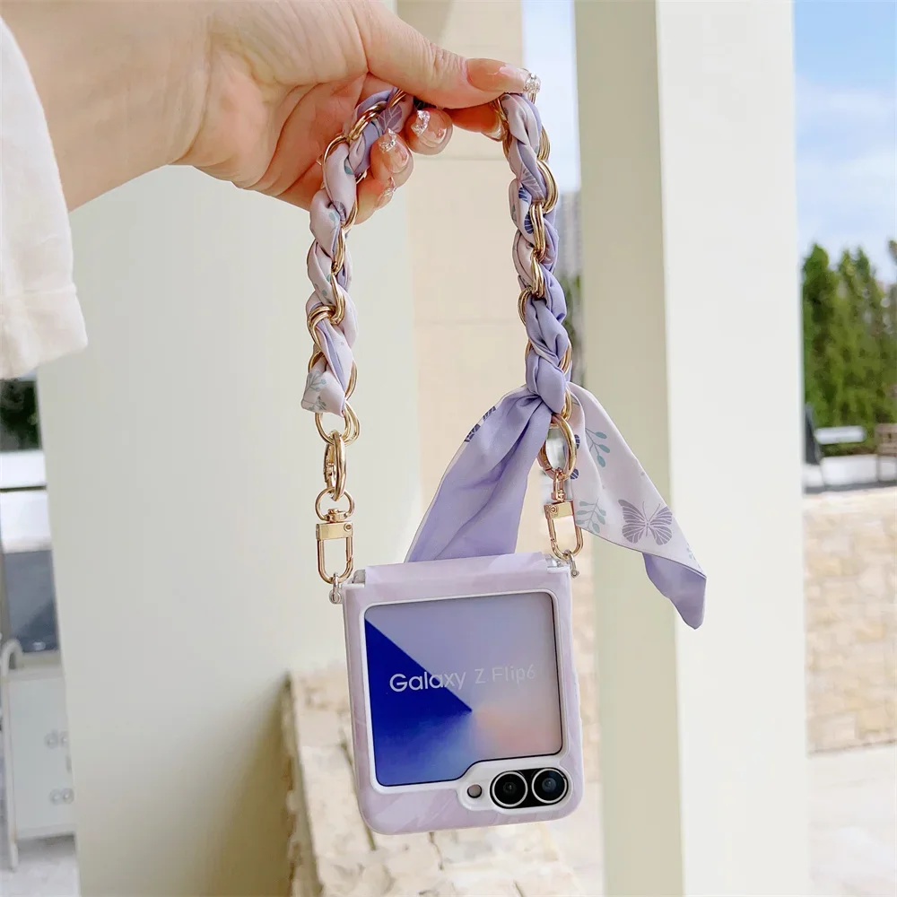 同色スカーフリストストラップ電話ケース三星銀河 Z フリップ 6 5 4 3 Flip6 Flip5 Flip4 Flip3 耐衝撃保護カバー
