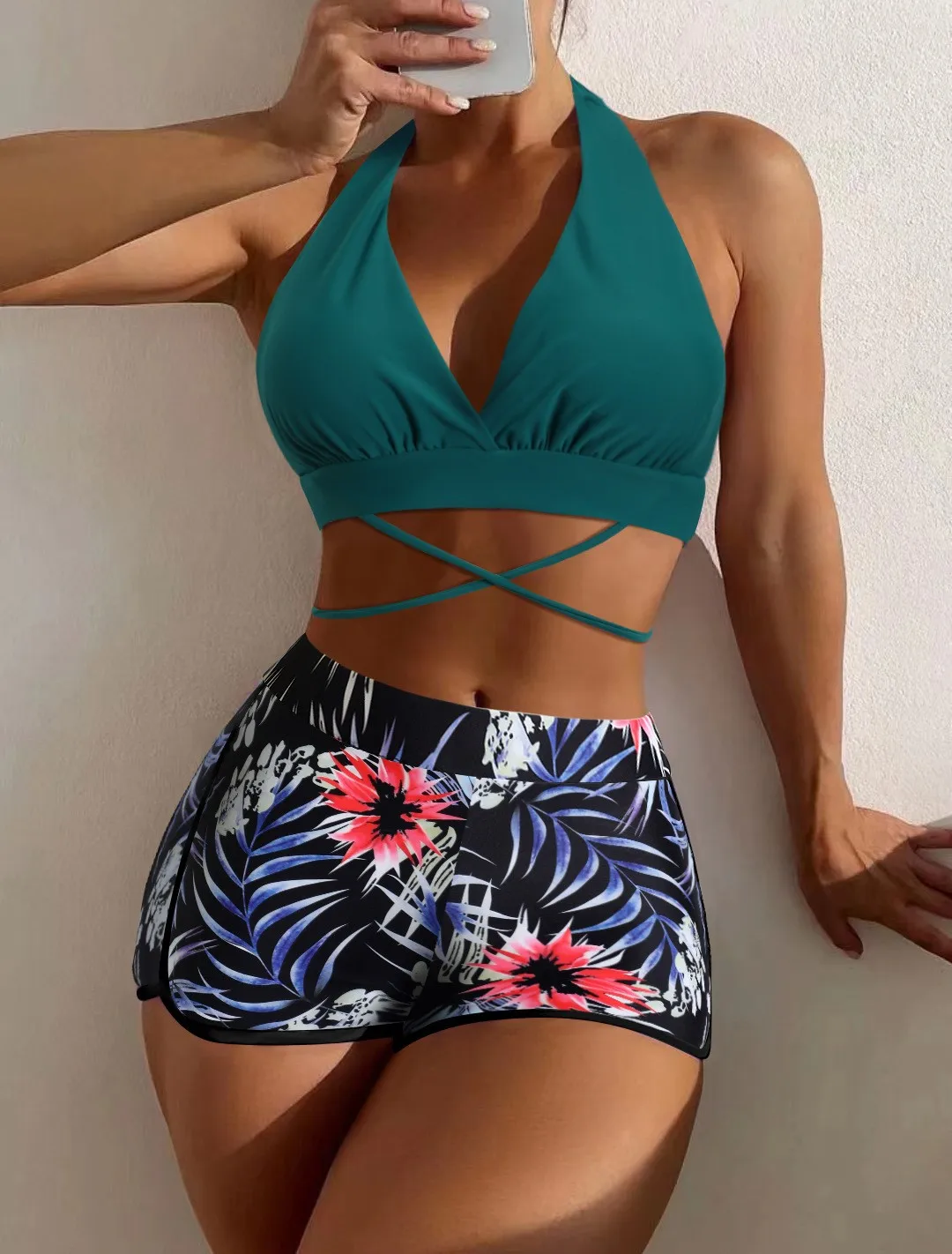 Swimwear 2026 Bikini Sets High Waist Bikinis Floral Halter Top Swimsuit Teal Cross Back Straps Two Piece Swimwear Woman 2026