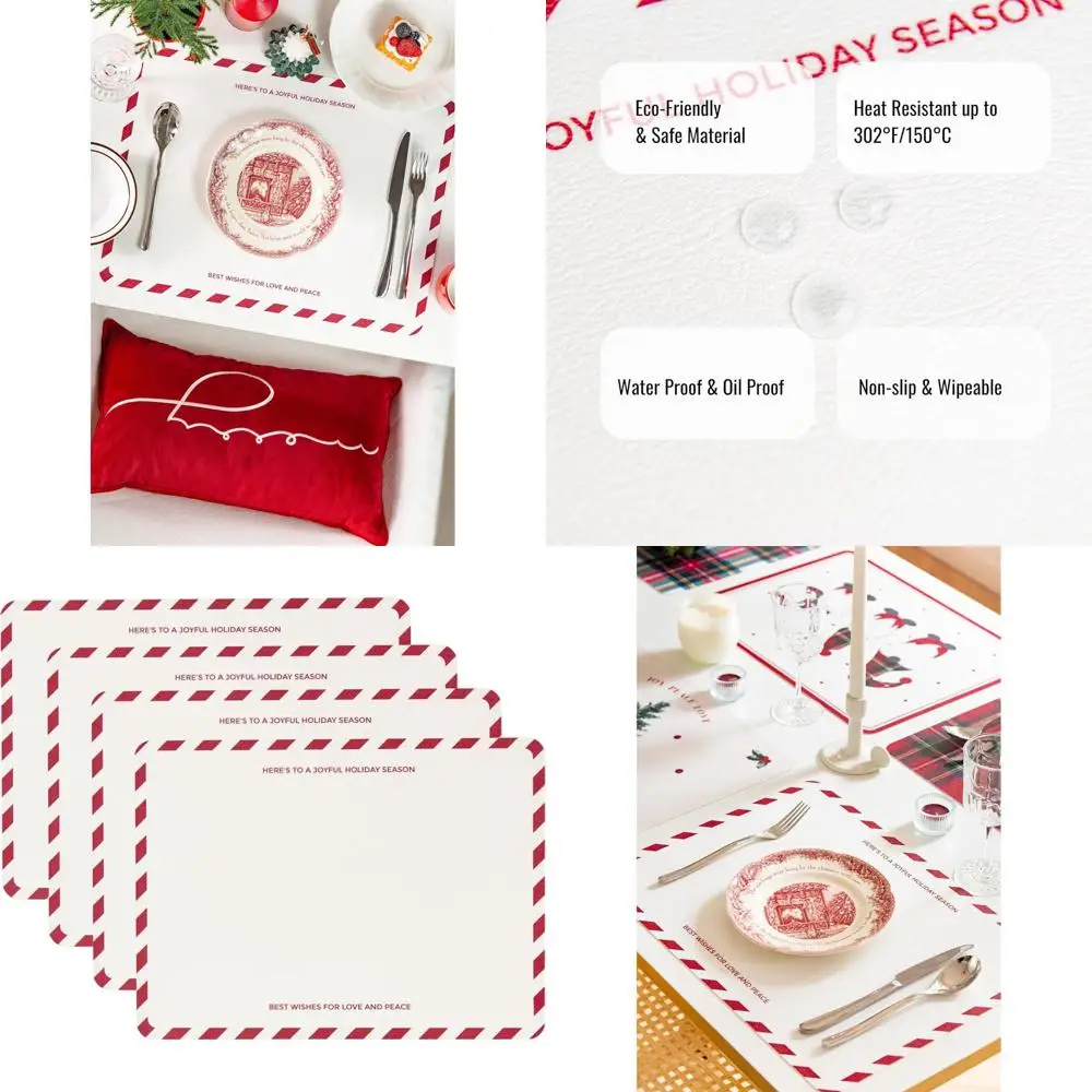 

Набор из 4 рождественских салфеток из веганской кожи, водонепроницаемых и маслостойких, дизайн конфетной трости, красный, 14x19 дюймов