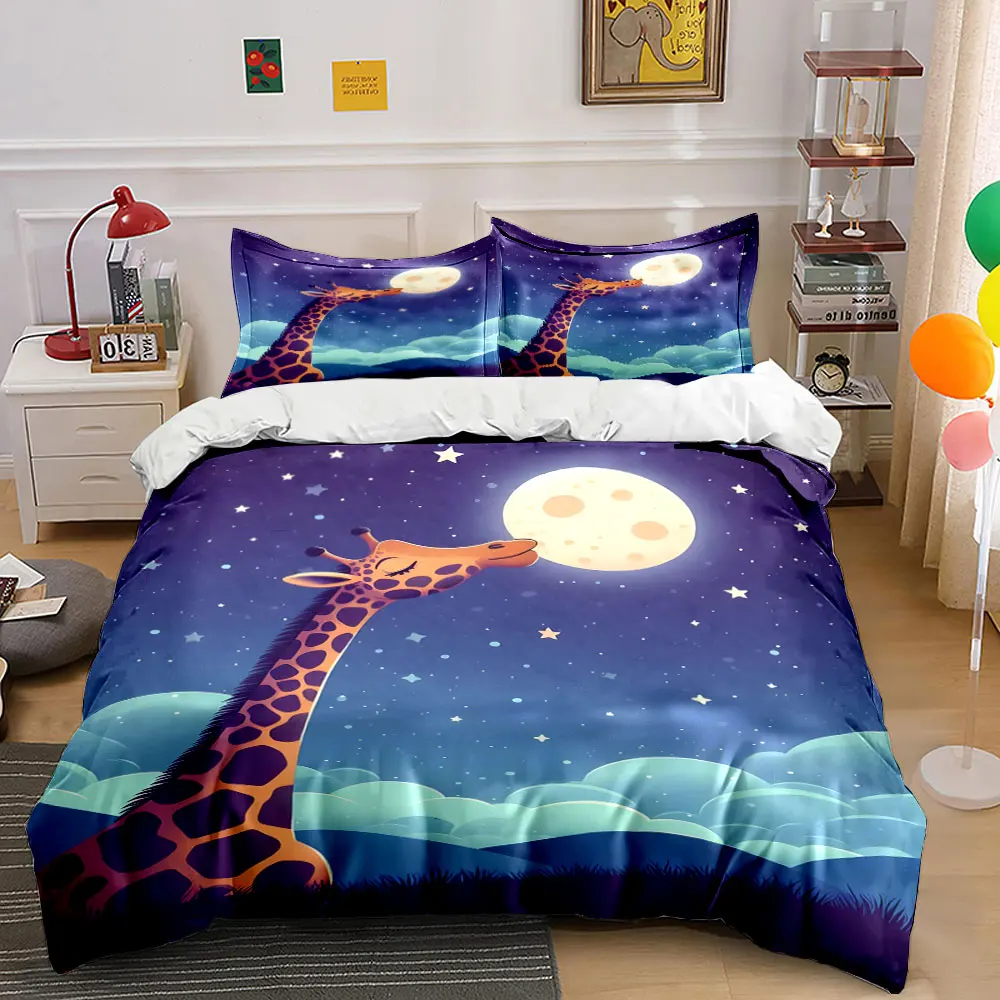 Giraffe Kissing Moonlit Sky Bedding Set for Kids Luxury Gift 3pcs Digital Print Comforter Set Soft Comfortable Breathable