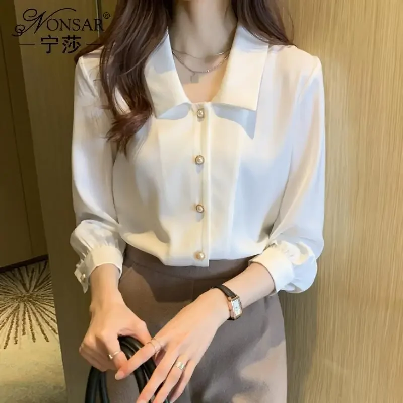 

Spring New Button Patchwork Blouse Long Sleeve Polo Neck Solid Color Loose All-match Shirt Tops Fashion Office Women Clothing