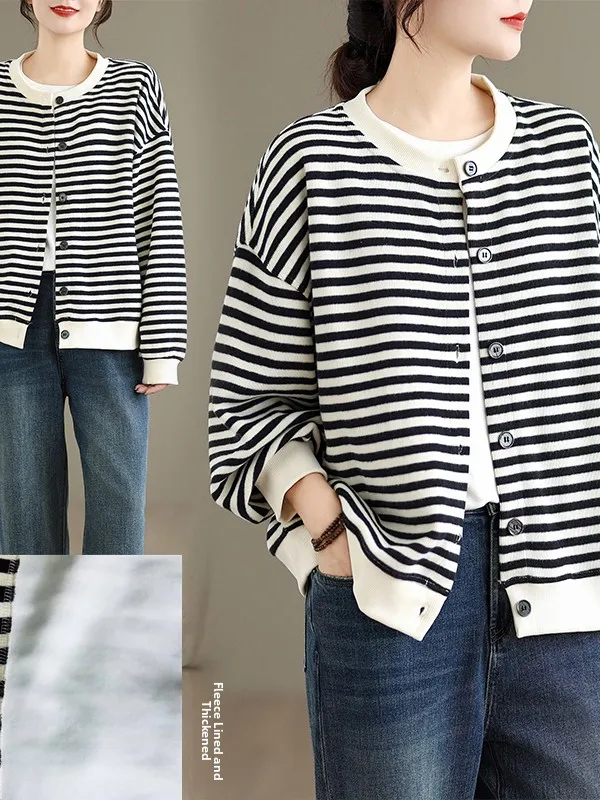 Silver  Fur Lined Thiened round Ne Sweatirt Loose Fit Stripe Patterned Outerwear Coat Winter New Arrival Women's Fas...