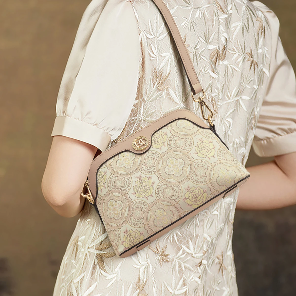 FOXER Women's Synthetic Leather Monogram Hobo Bag Fashion Zipper Shell Armpit Bag Adjustable Strap Fabric Shoulder Crossbody Bag