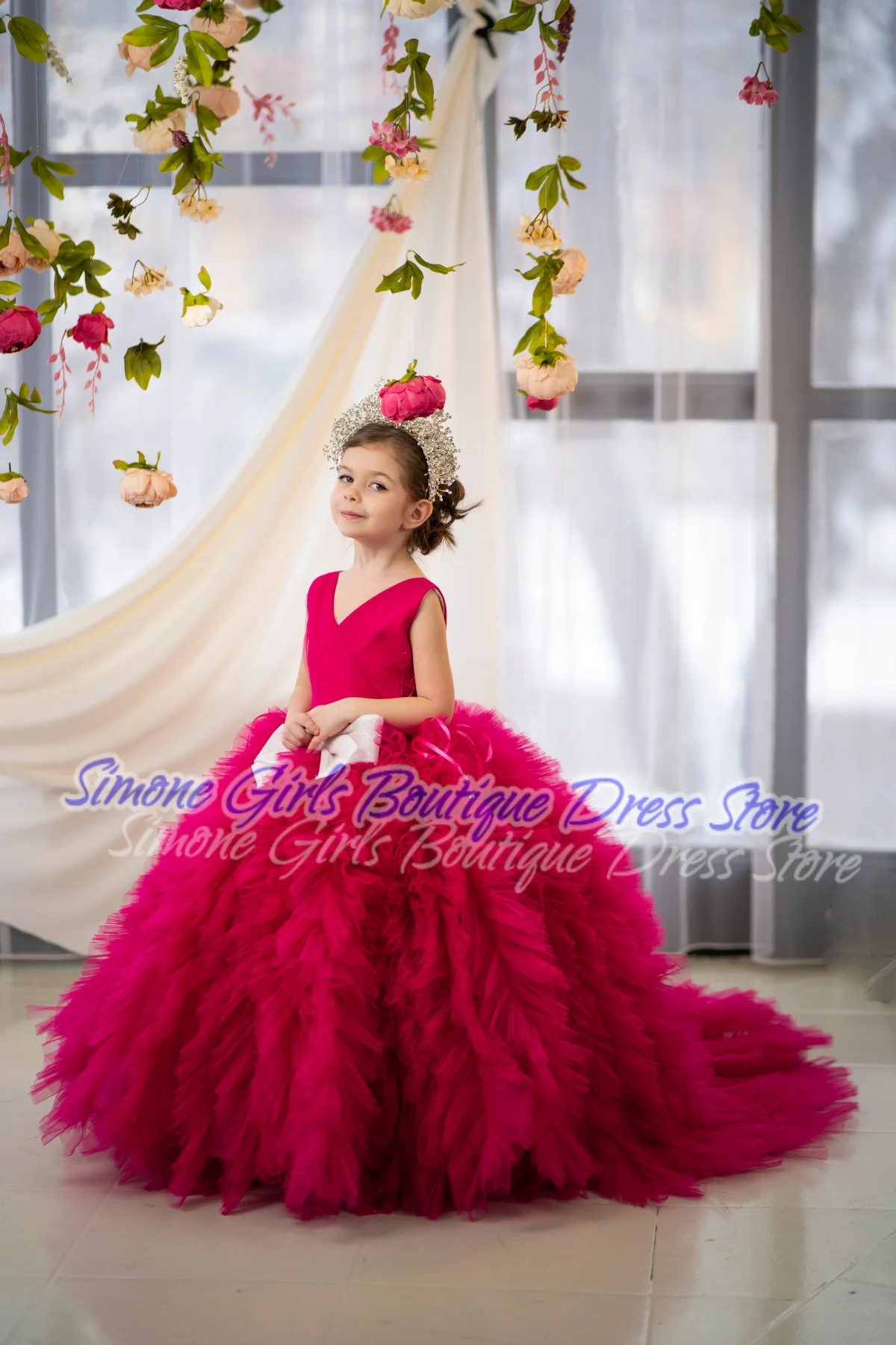 Vestido de fiesta con cuello en V, falda hinchada rosa con lazo, vestido de niña de flores para recepciones formales, celebraciones navideñas, actuaciones de baile, fiestas