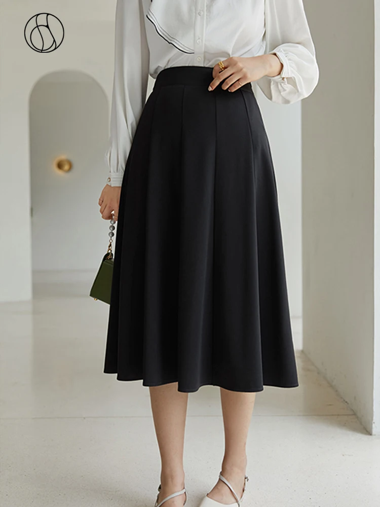 DUSHU Elegant Black Long Skirt Pleated Skirt Women Vitnage White High Waist Skirt Female Autumn Winter A-line Skirt