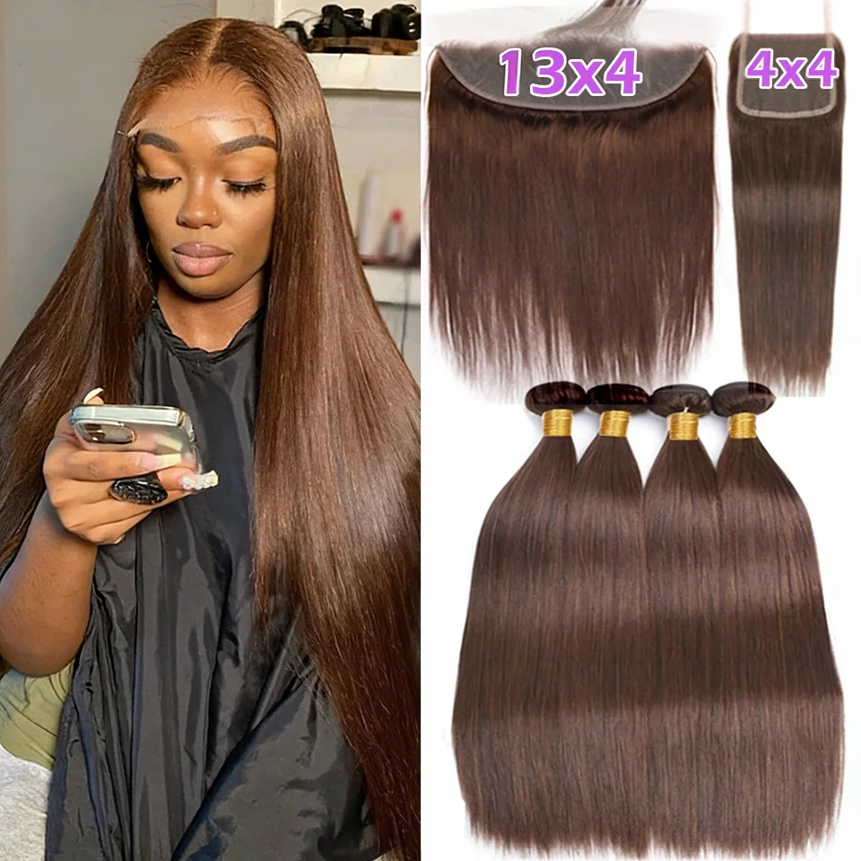 10-30Inch Chocolate Brown Straight Human Hair Bundles With 13x4 Lace Frontal Closure Human Hair Weaving #4 Brazilian Remy Hair Weave Bundles With Lace Closure For Women #4 Color Bone Straight Human Hair Bundles and Frontal Double Weft Wholesale
