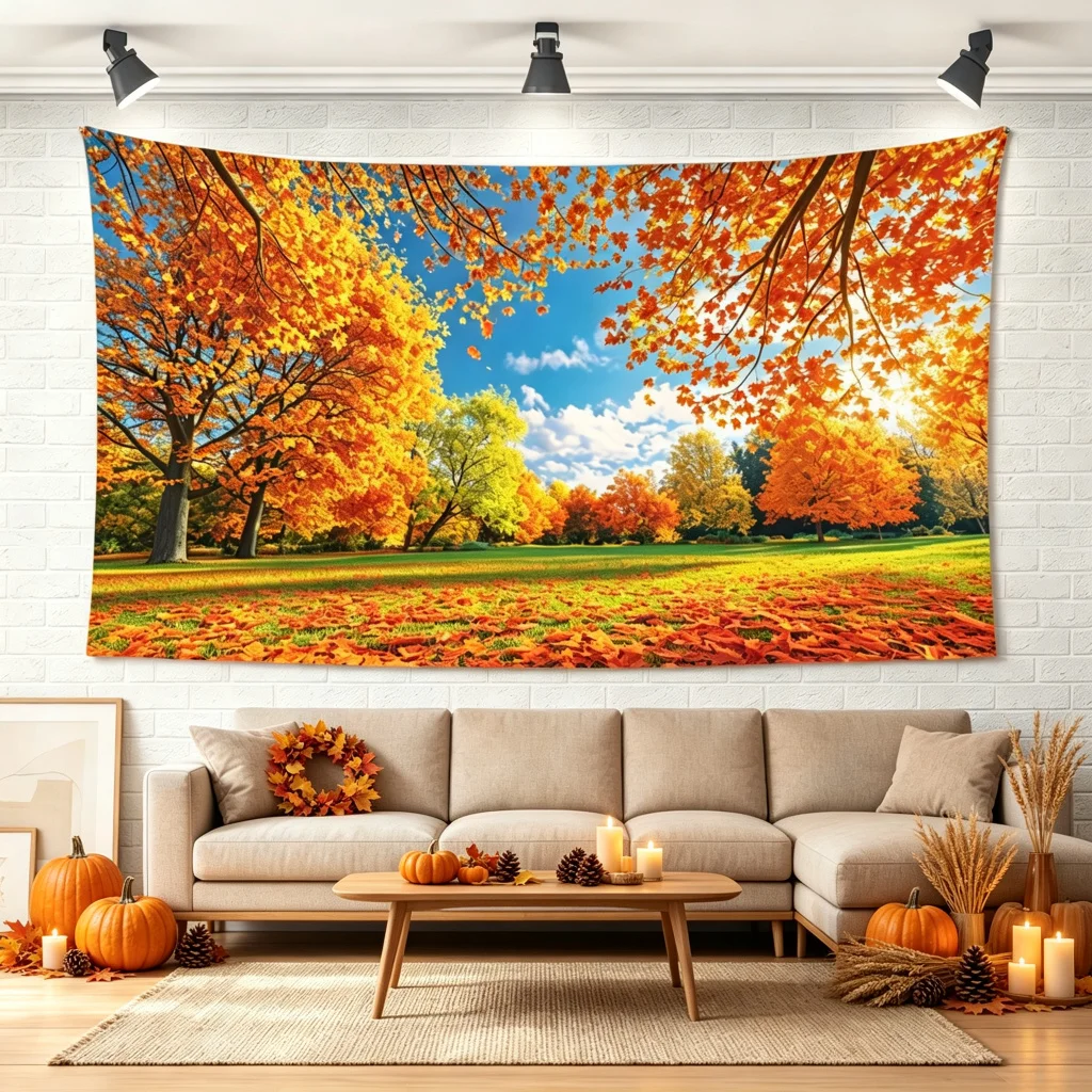 1PC Fall Golden Fall Leaves Landscape Print Backdrop Banner, Bedroom Photo Background, Polyester, Party Decoration, Home Decor