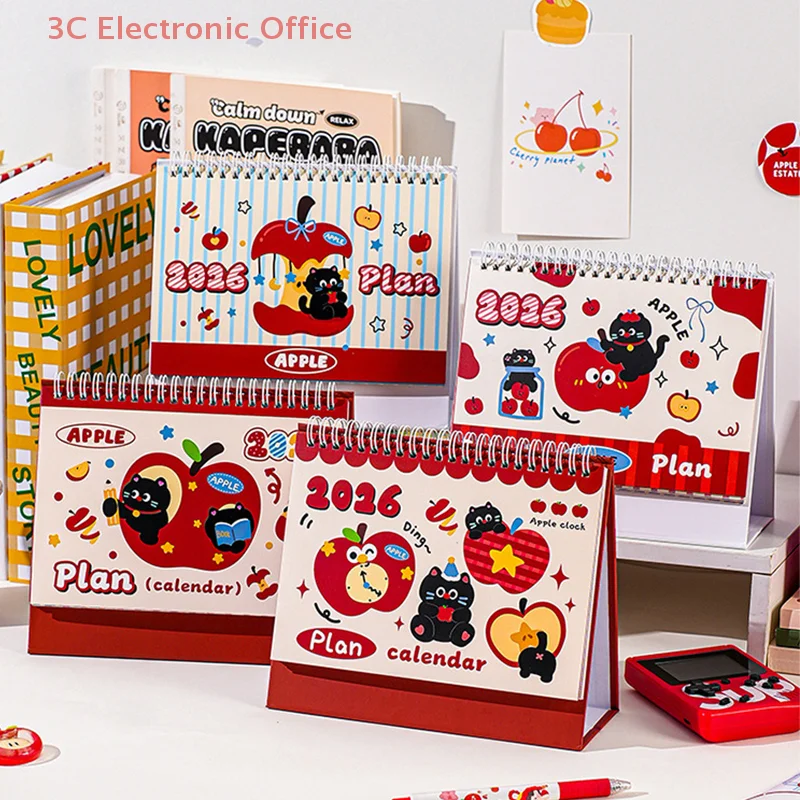 2026 Apple Kitten Calendário de mesa de desenho animado Planejador Decoração de mesa Organizador de papelaria escolar de escritório