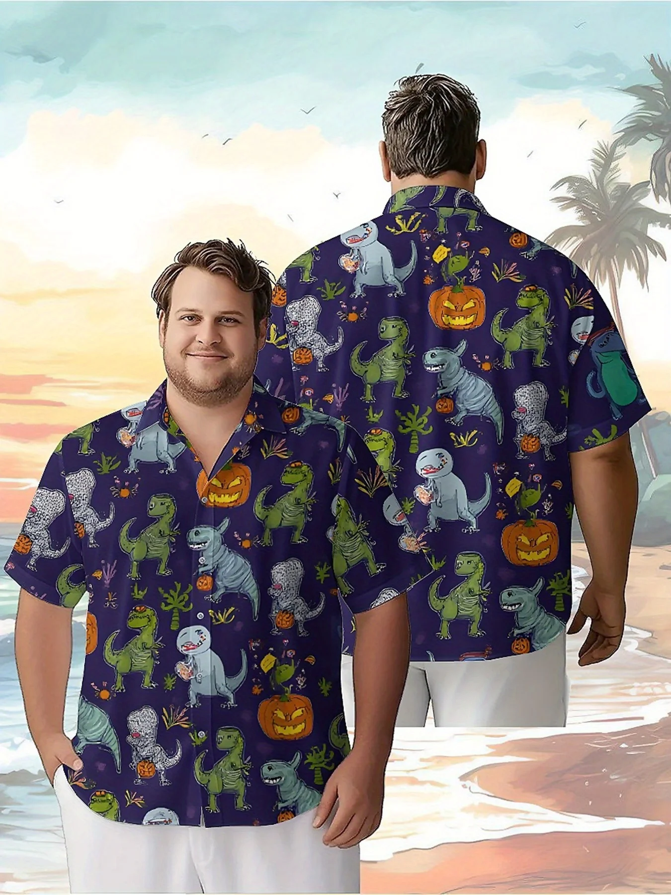 Men's Plus Size Hawaiian Shirts Halloween Dinosaur Pie Pattern,Premium Comfort Youth Clothes,Y2K Tops