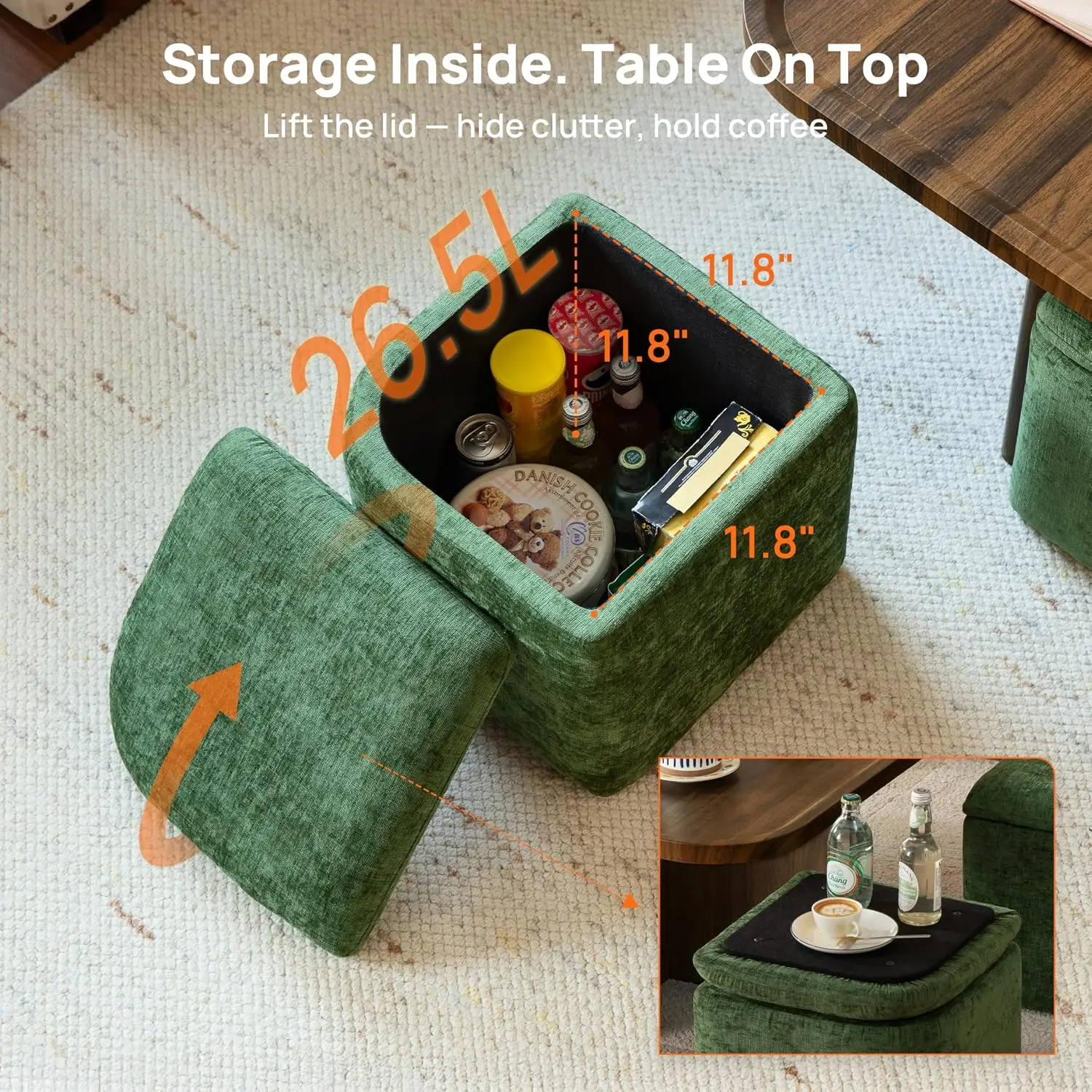 Square Coffee Table with 4 Storage Ottoman Stools Underneath, Customized