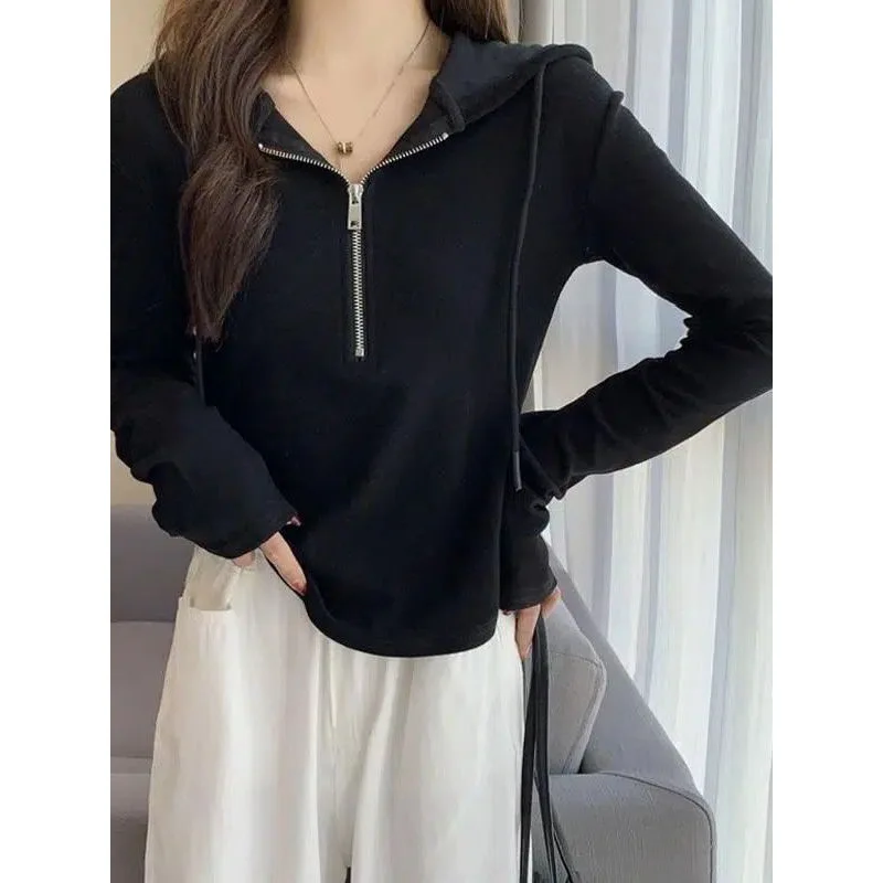 Spring Kpop Streetwear Zip Up T Shirts Women Vintage Sexy Solid Hooded Cardigan Long Sleeve Cropped Tops Tracksuit Autumn Y2k