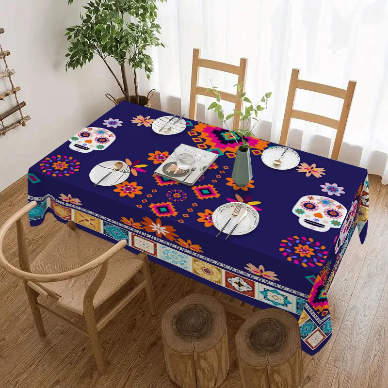 Day of the Dead Skull Tablecloth - Bright polyester fabric, suitable for indoor and outdoor diningzyc