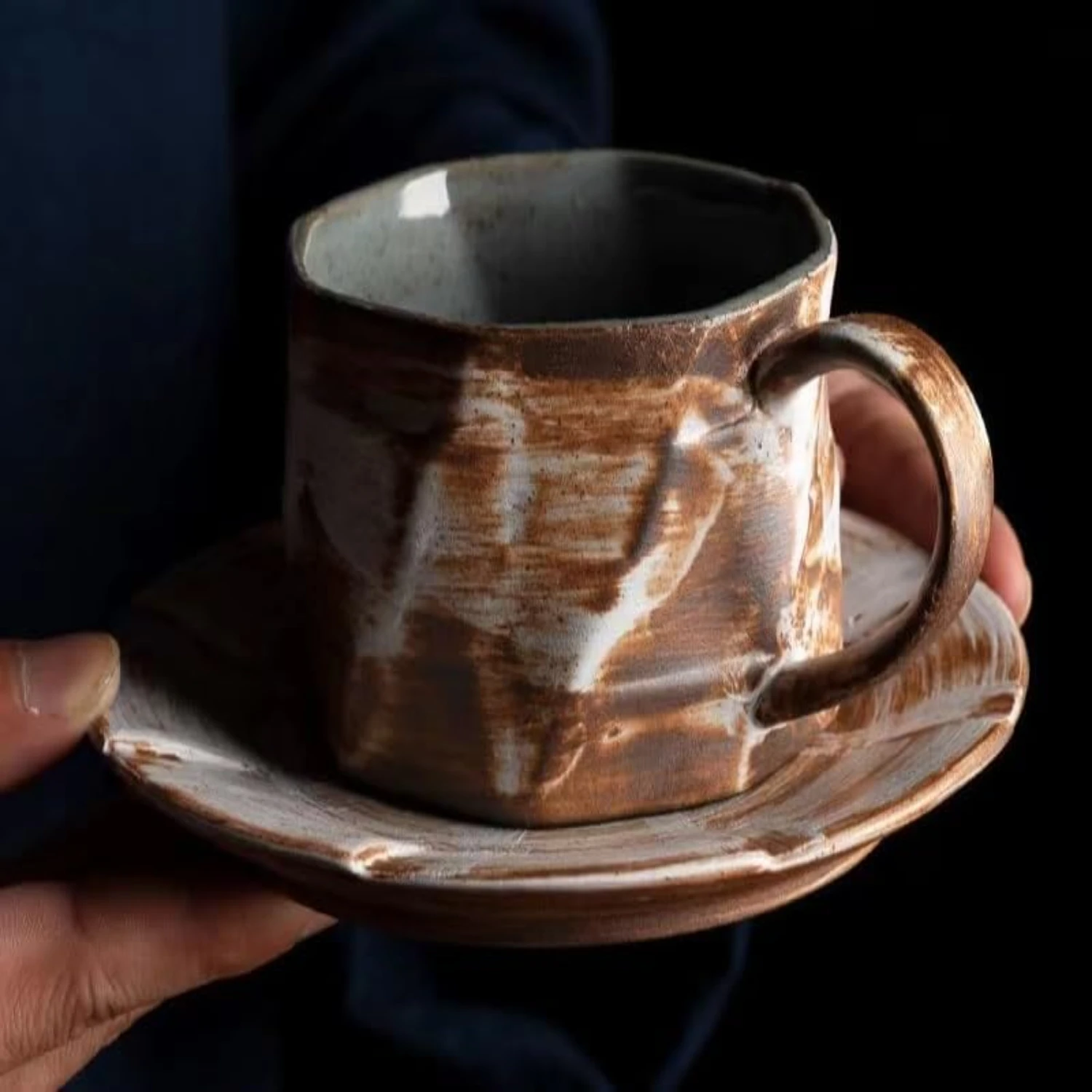 

Personality Creative Handmade Antique Chinese Kiln Pottery Coffee Cups Set with Saucer - Unique Retro Mugs for Household Use