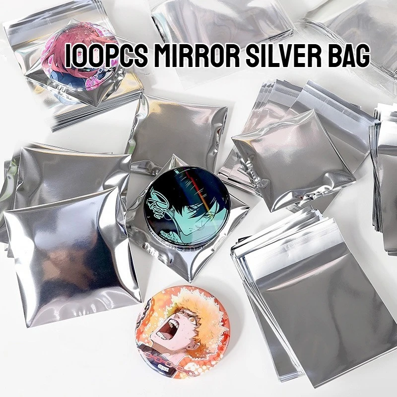 

100Pcs Mirror Silver Aluminum Foil Bags Storage Bag with Adhesive Strip Badge Pouch Card Cover Idol Photo Gift Multiple Sizes