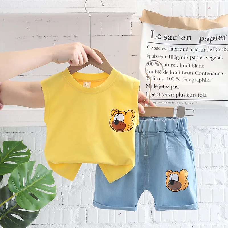 Boys Summer Children Vest Set New Boys Clothes Baby Cartoon Bear Sleeveless T-shirts Shorts 2pcs Casual Sport Sets