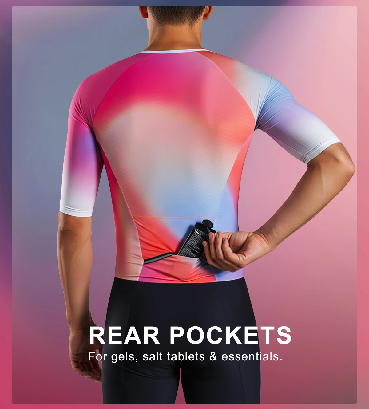 Triathlon-Anzüge für Herren Schnelltrocknend Leichtgewichtig Kurzärmelig Schwarz-Lila Einteilig für Radfahren Laufen Schwimmen TriSuit MY KILOMETRE – Detail 20