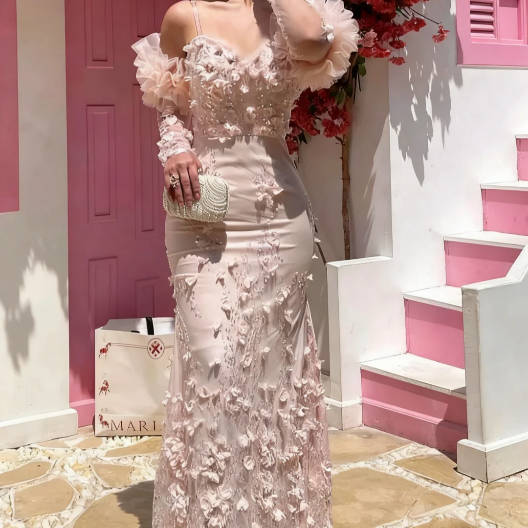 

Elegant Evening Party Dresses Women Bead Embroidery Sleeve Dress 3D Flowers Fishtail Skirt Prom Dresses Customized