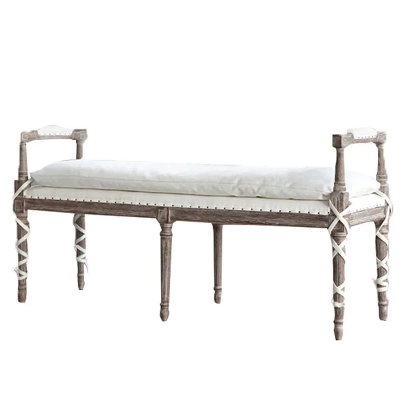 

American solid wood retro carved shoe stool, dining table French country old bedside double chair stool