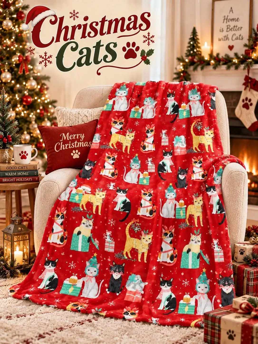 Christmas Flannel Blankets & Throws Cats Snowflakes Trees Present Boxes Stockings Home Decor Sofa Couch Bed Bedroom Living Room Office Travel Nap Reading Gift for Family Friends Pet Owners Housewarming Birthday Anniversary Holiday Bedding Fireplace