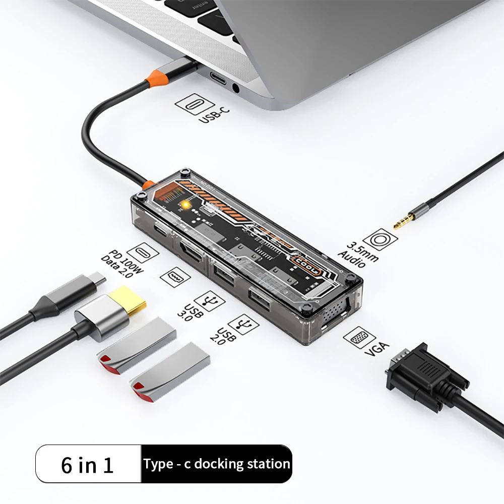 

USB-концентратор 6 в 1 с USB Type-C на USB 3,0, прозрачная док-станция, разделитель, адаптер для MacBook, ноутбука, ПК, планшета, телефона