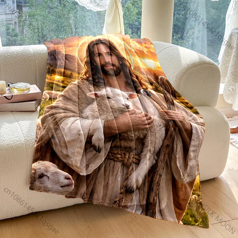 Shepherd holding lamb at sunset Print Blanket Warm Soft Fluffy Kids and Adult Sofa Bed Throw Blanket Outdoor Travel Camping RV
