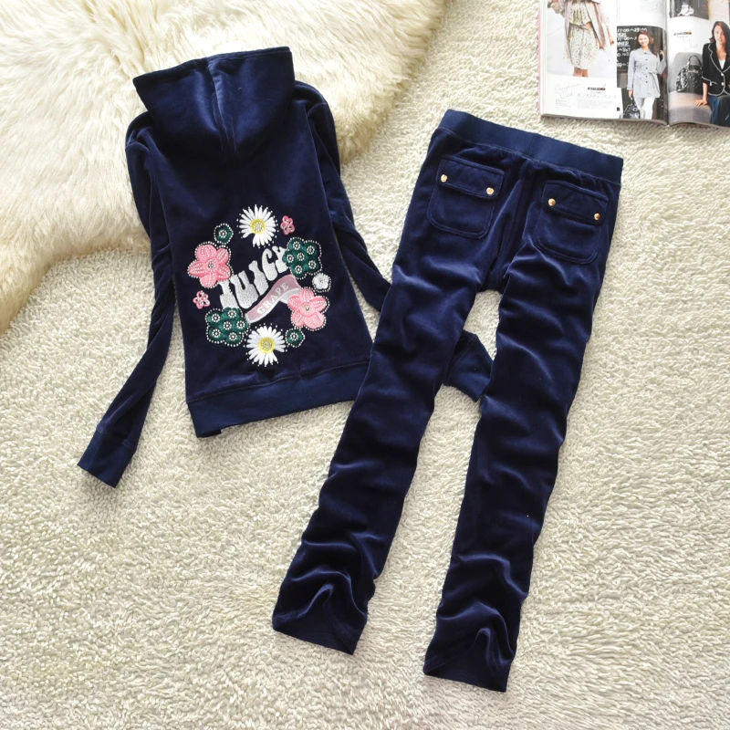 New Velvet Tracksuit Floral Embroidered Casual Sportswear Casual Straight Pants Hooded Sweatshirt Women 2pc Embroidered Suit