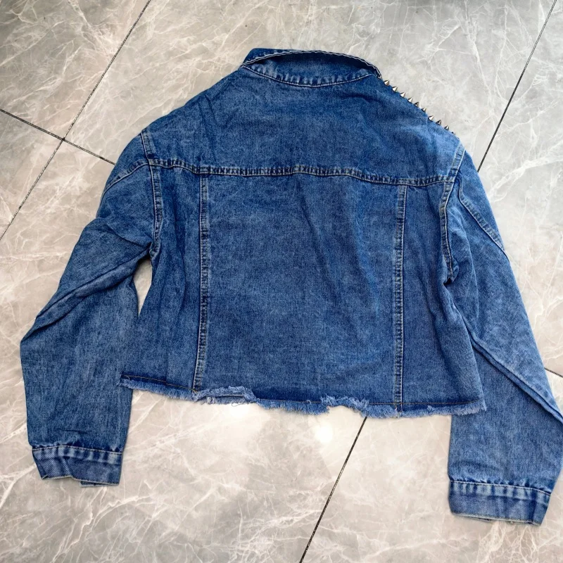 Chic Rainbow Color Diamonds Beaded Denim Jacket Ripped Rivets Sequined Jeans Bomber Jacket Crystal Rhinestones Cowboy Cardigan view 4