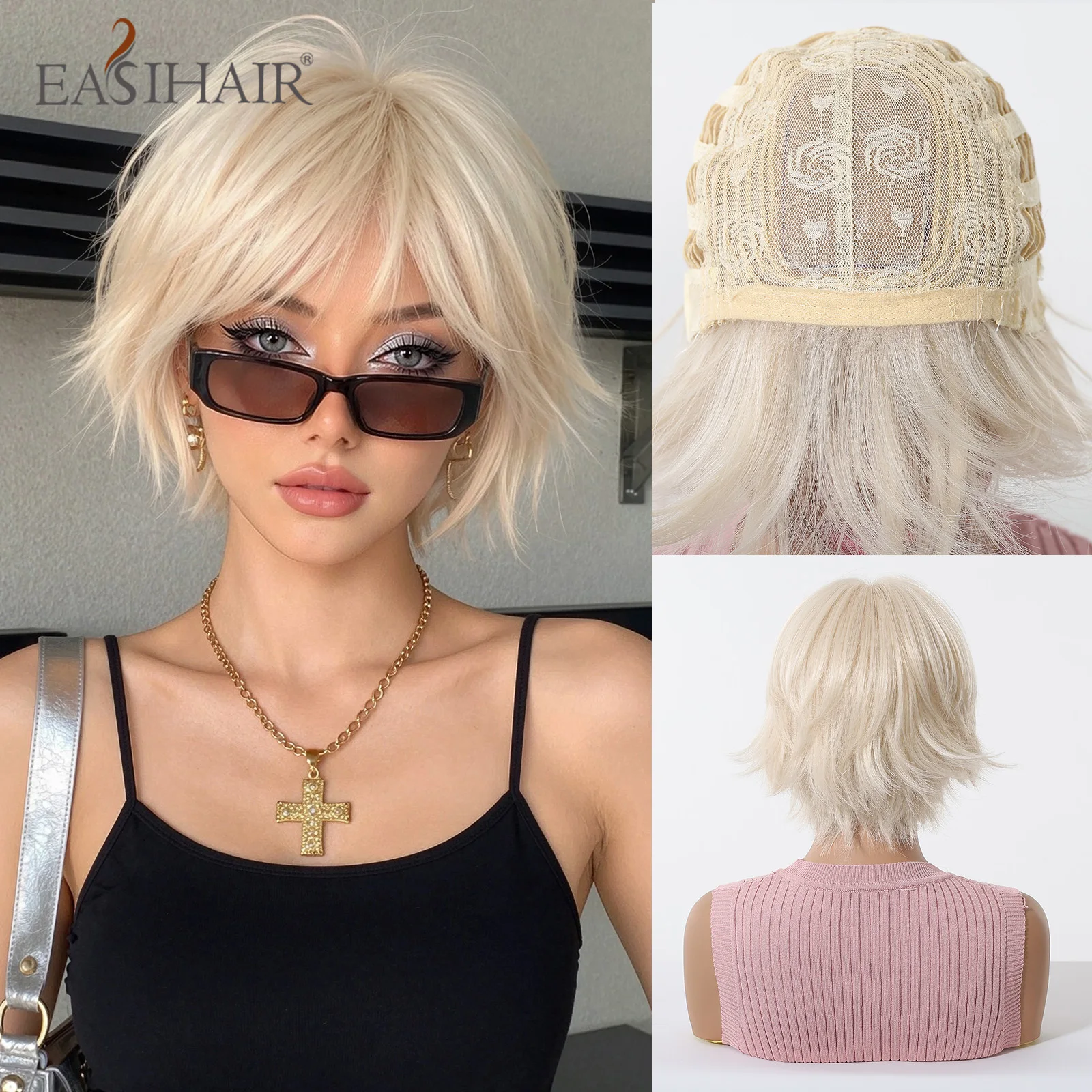 EASIHAIR Short Pixie Cut Synthetic Wigs With Bangs Short Blonde Straight Hair Wigs for Women Daily Use Party Heat Resistant Wigs