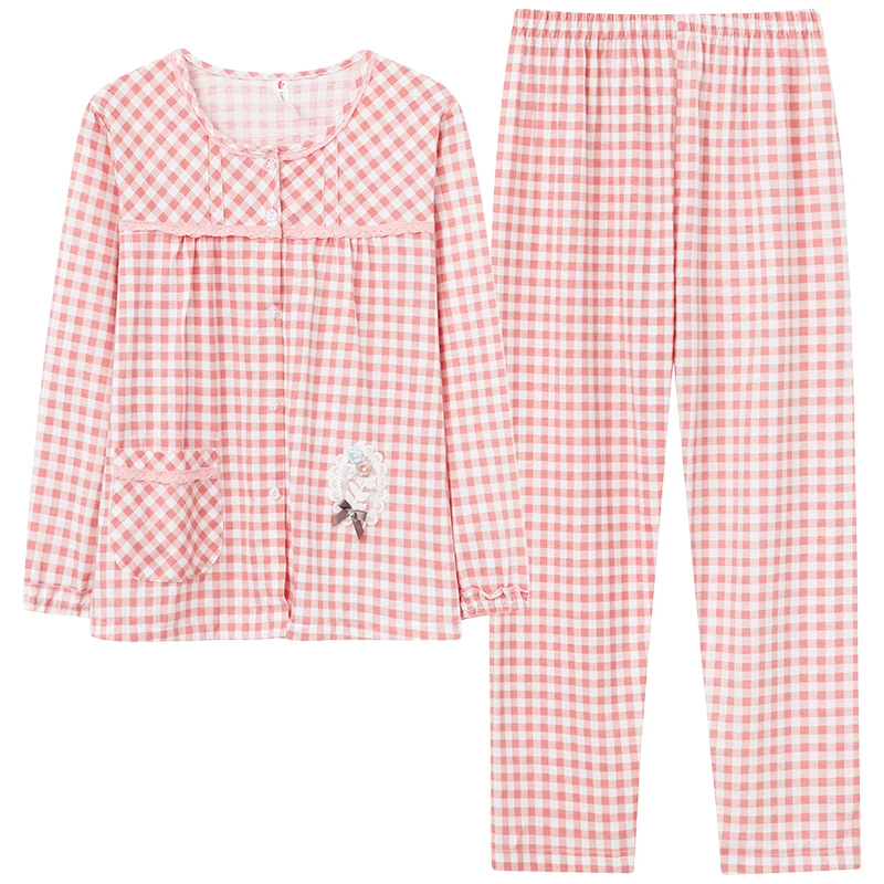 

Пижамные комплекты, женские клетчатые хлопковые модные кружевные кардиганы с круглым вырезом, женские пижамы с длинными рукавами, комплект из 2 предметов, сексуальные весенние подарки для дома и отдыха