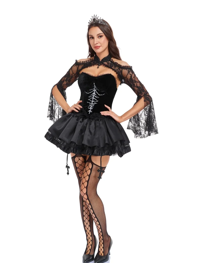 Gotisches Skelett-Cosplay-Kostüm für Damen, schulterfreies Kleid mit Spitze und ausgestellten Ärmeln, kurzes Kleid für Halloween, Nachtclub, Karneval, Rollenspiel-Outfit – Detail 14