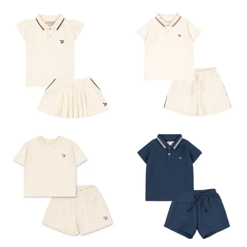 

Summer Children Cherry Pattern Polo Shirt Casual Shorts Set Kids Short Sleeve T-shirt 2 Piece Daily Wear Outfits Lemon Sets