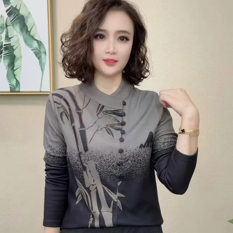 Women's Gradient Bamboo Print Stand Collar T-Shirts Half Placket Long Sleeve Tees Casual TopYY29