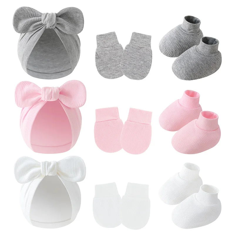 

3Pcs Solid Color Infant Bow Hat Newborn Protection Face Cotton Anti Scratching Set Mittens Foot Cover Fashionable Brimless Hats