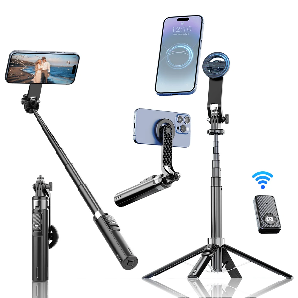 Palo de selfie magnético para teléfono, longitud extensible, trípode incorporado, disparador inalámbrico, ajuste de doble eje, compatible con