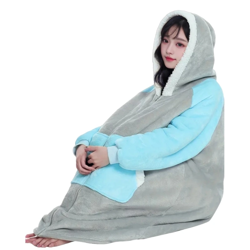 Oversized Zipper hoodie blanket with sleeves sweatshirt plaid winter fleece hoody women pocket