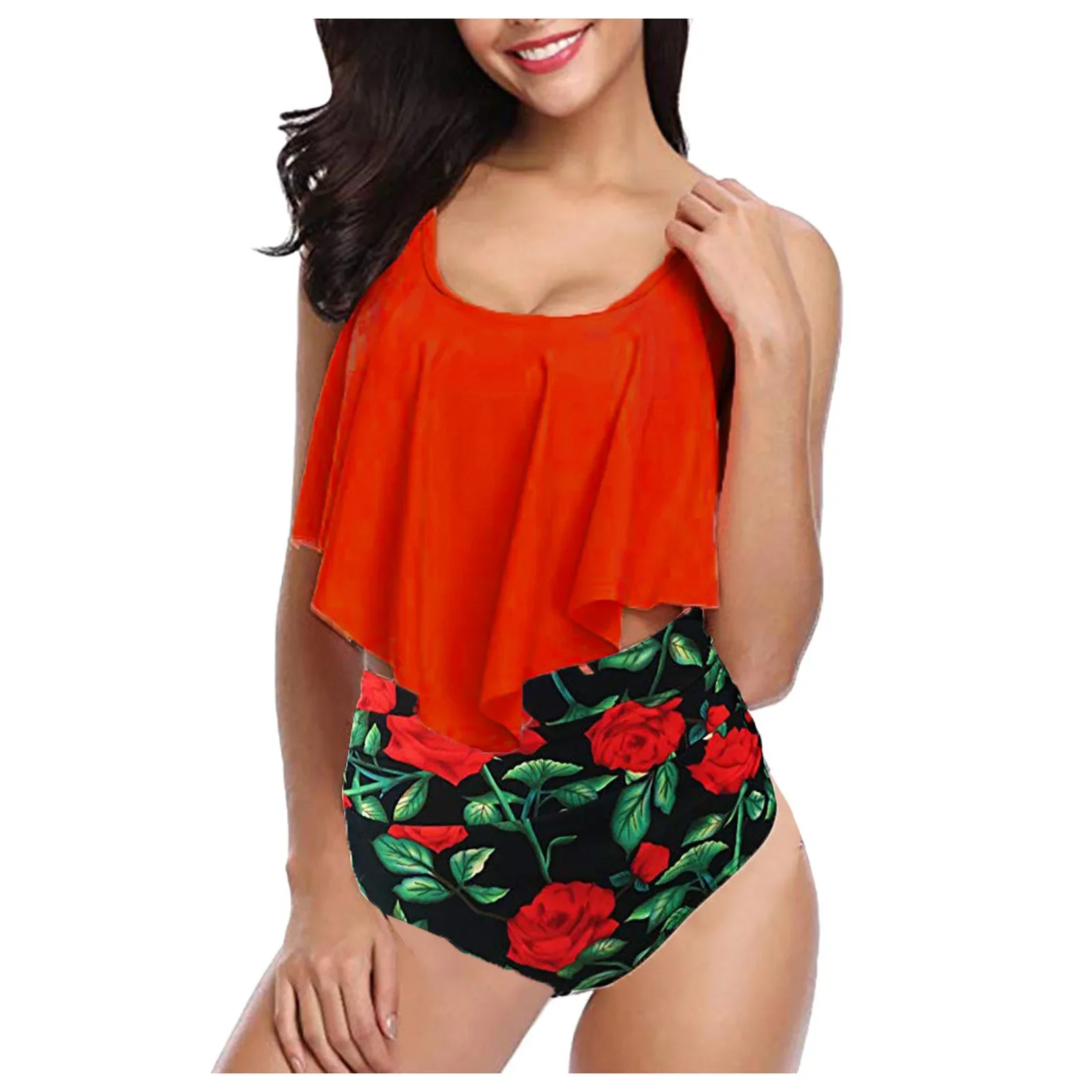 セクシーなツーピースセット水着フリル女性スーツプリントビーチウェアハイウエストビキニセットボトムスプッシュアップタンキニ水着