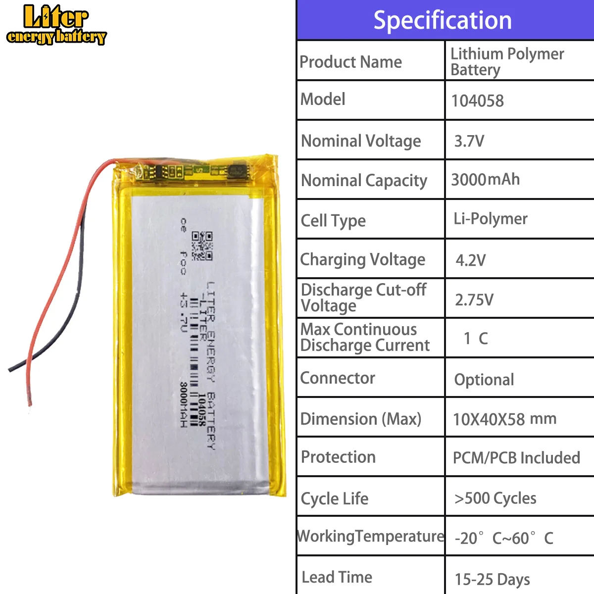 104050 2400mah 104058 3000mah 104060 3000mah 104080 4000mah 104358 3000mah 3.7V polymer lithium battery