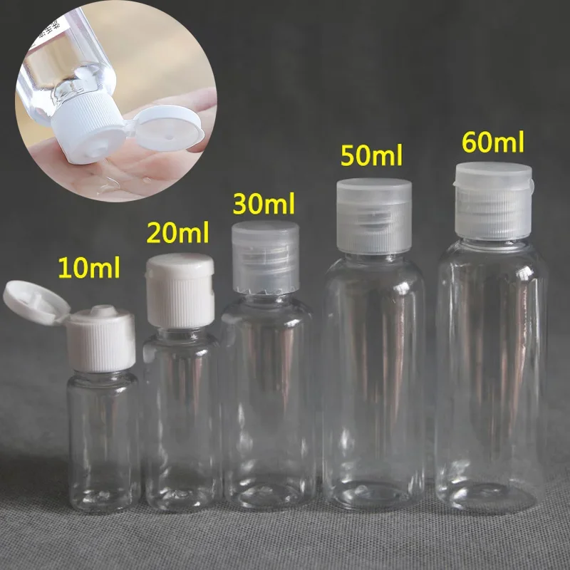 10 Uds. Botellas de plástico PET transparentes, botella vacía de viaje de 5ml-100ml con vial abatible, artículos de tocador líquidos, dispensador de champú y acondicionador