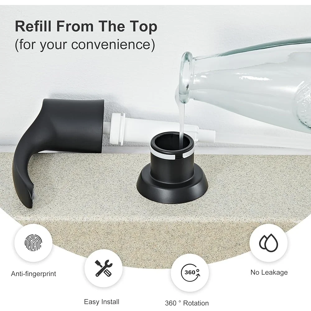 Matte Black Kitchen Sink Soap Dispenser Built in Refill Top Easy Install Liquid Lotion Detergent Multiuse Cylindrical Design